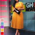 D028 dress - women's foreign trade summer  short sleeve high waist yellow pleated skirt african plus size european and american style dress