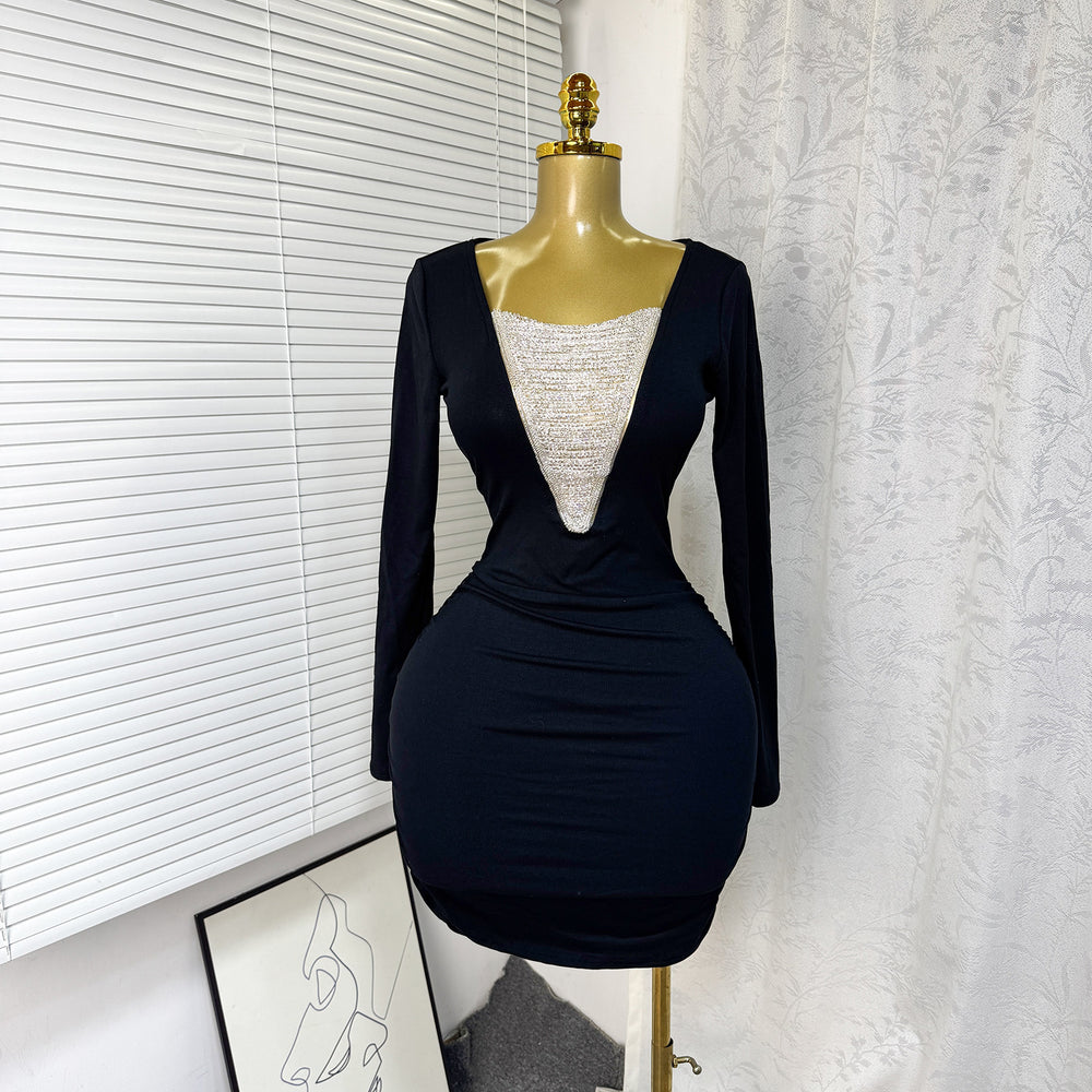 Fashion cross-border spring & fallv neck chain beaded long sleeves elastic silmdresssexy hip-covering short skirt for women dress