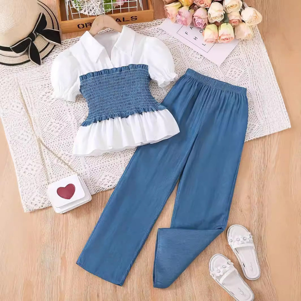 new arrivalsummer children's clothing fashionfashiongirl tops + loose pants two-piece suit youth