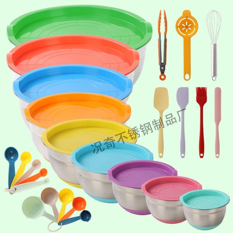 american colorful silicone bottom salad bowl with lid cooking baking salad bowl set stainless steel egg bowl