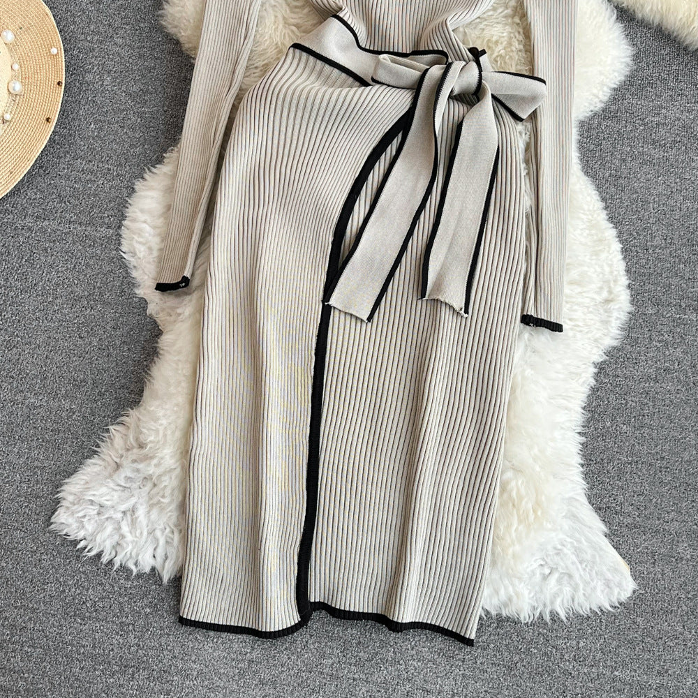 Fall and winter korean chiccontrast colorlong sleeves stand collar waist slimming look medium longtie back hip-covering bottom knittingdress