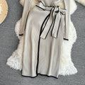 Fall and winter korean chiccontrast colorlong sleeves stand collar waist slimming look medium longtie back hip-covering bottom knittingdress