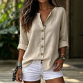 Exclusively for us & european cross-border e-commerce:  autumn beige cotton linen shirt - relaxed fit, v-neck, roll-up sleeves, mid-length top