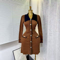 Autumn/winter chic: elegant color block knit dress with pearl button detail - slim fit, figure-flattering knit mini dress