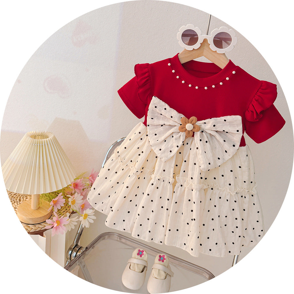 Girls' summer dress : korean style, trendy new arrival, chic infant and toddler dress with flutter sleeves, polka dot print, and round neck