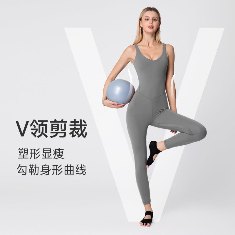 One-piece fitness suit with chest pad, beautiful back sports yoga suit, breathable beautiful back, nude feel shaping one-piece yoga pants for women