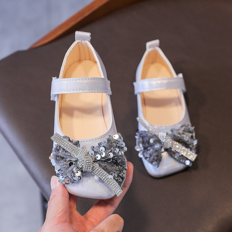 Girls' single shoes for kids, spring/autumn  collection: princess shoes for girls (mid-to-large size), korean style soft sole leather shoes with bow detail, perfect for performances