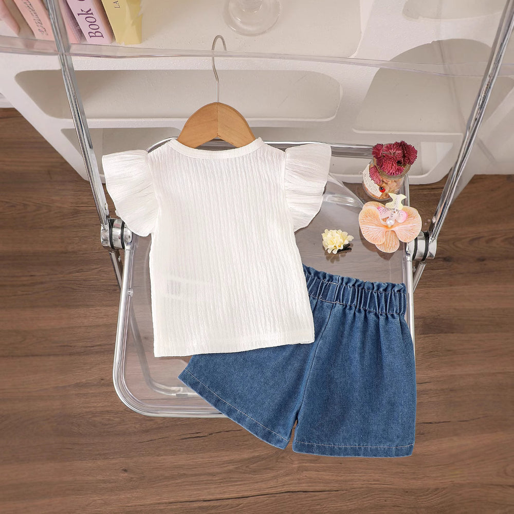 Children's clothing  fashion children's clothing cross-border off-white flying sleeve t-shirt + blue shorts