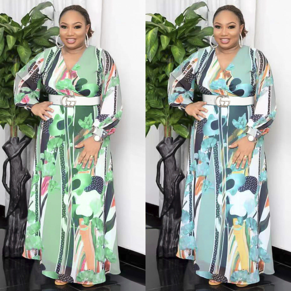 African plus sizeexportnew arrival women's chiffon   v neckprinting large swing long sleevesdress