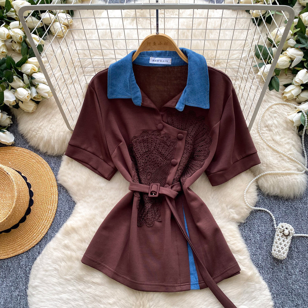 K-style doll collar loosecomfortable breathable short-sleeved shirt women's work clothing style lacepatchworksense of design waist tops