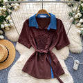 K-style doll collar loosecomfortable breathable short-sleeved shirt women's work clothing style lacepatchworksense of design waist tops