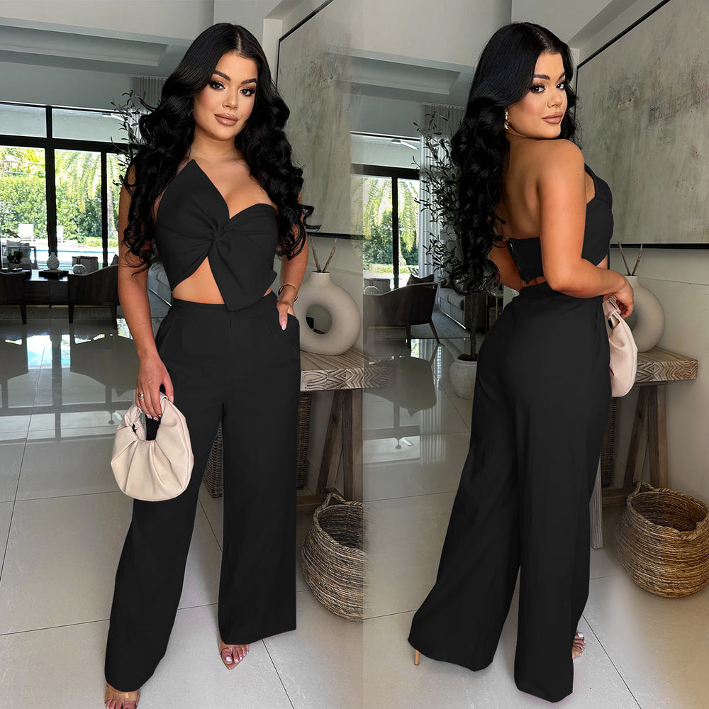 C7375 cross-border   fashion women's sexy bow casual pants two-piece set new