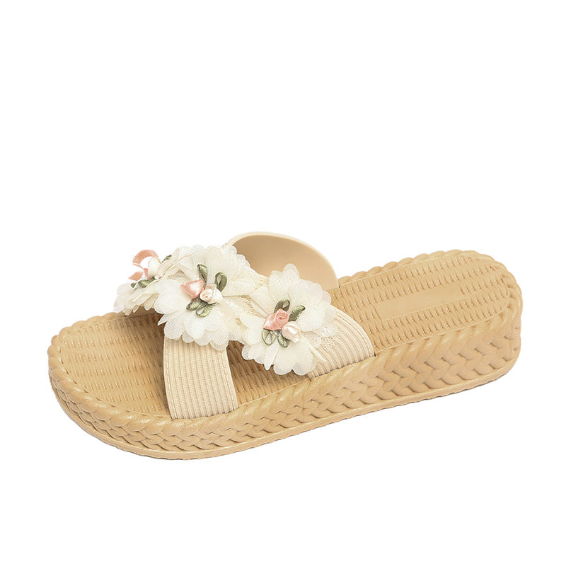 New platform sandals: 4cm chunky heel, criss-cross strap, three-flower design, women's summer outdoor slides, thick sole, non-slip, sweet beach shoes