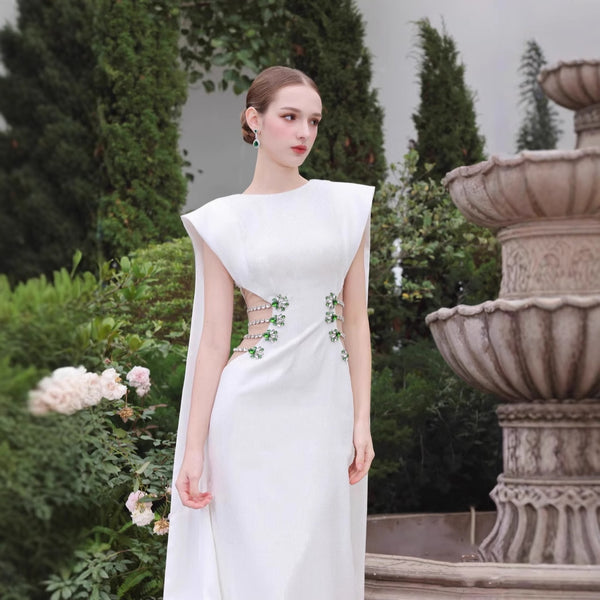 European and American  women Diamond-encrusted high-end exquisite bandage dress temperament elegant long streamer evening dress banquet