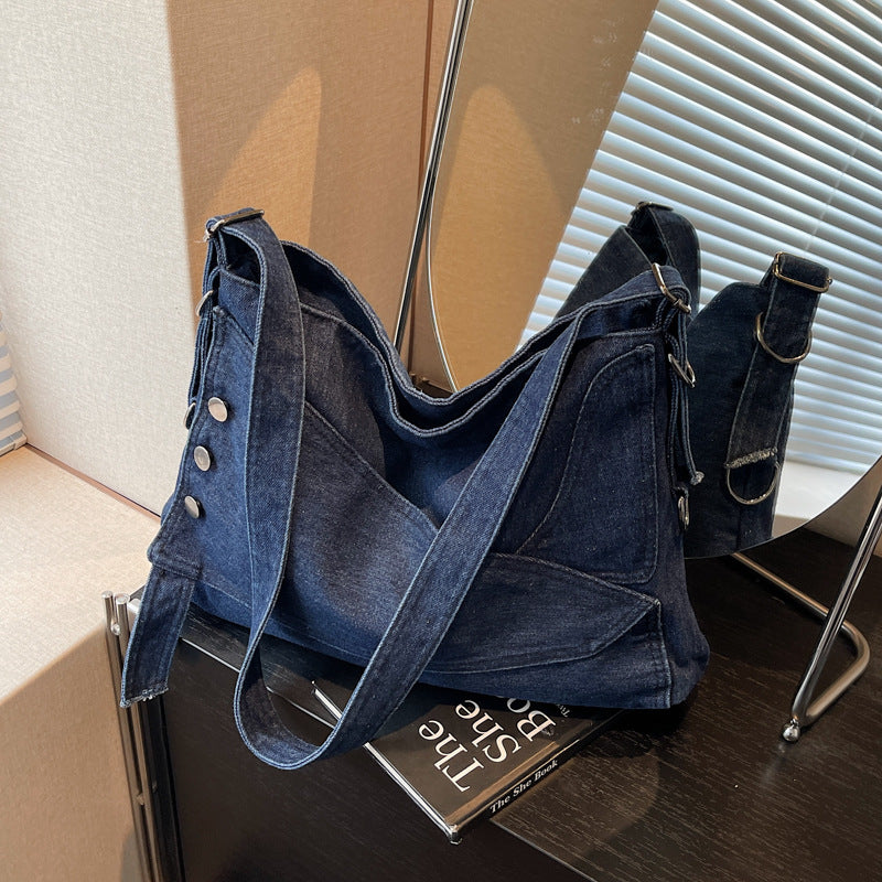 Cross-border retro denim large-capacity bag women's 2025 new casual shoulder messenger bag commuter tote bag