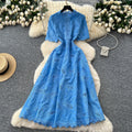 French high-end vintage embroidered cinched-waist short-sleeve dress - women's  summer slimming, elegant, and chic maxi dress