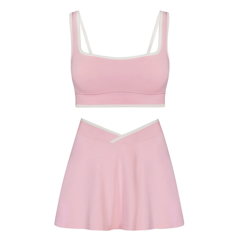 Shockproof with chest pad high elastic brushed fitness tops tennis skirt halter sports intimates short skirt yoga suit for women