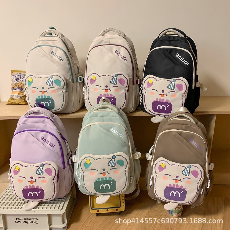 Macaron color cute french fries bear backpack for primary and secondary school students, large capacity, wear-resistant and easy to take care of, backpack
