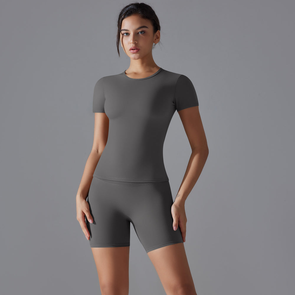 Fashion nude short sleeve t-shirt yoga suit high waist hip lifting tightshorts quick-drying running sports fitness suit