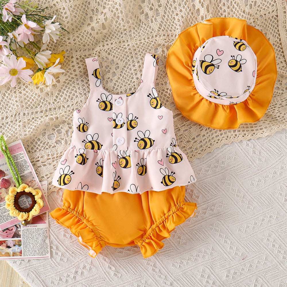 Children's clothing shein cross-border girl suit suspender tops+shorts+hat suit