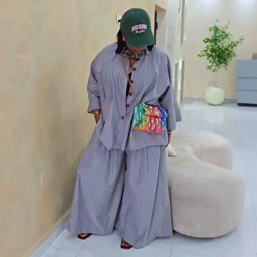 European and american cross-border women's fashion:  summer new collection - striped print oversized shirt and wide-leg pants casual set