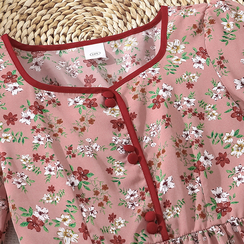 big kids' girls' clothing  foreign trade spring/autumn new french style vacation floral print cinched waist long sleeve dress