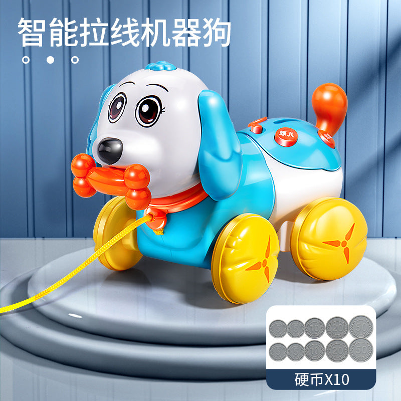 Kids' pull-along dog toy: educational, early learning, money bank, musical, light-up, crawling, interactive toy with touch-sensitive feeding feature