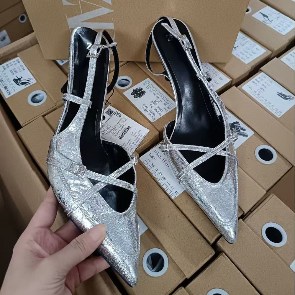 Za2024autum new women's shoes crimson cross buckle strap pointed toe high heel sandals british style mules shoes