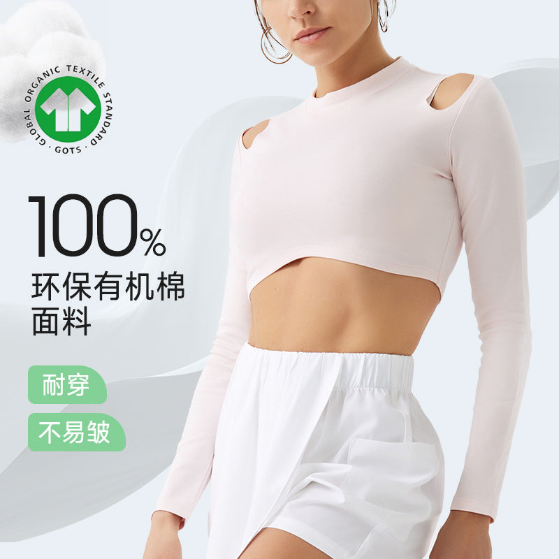 Eco-friendly organic cotton off-shoulder long sleeve activewear top - perfect for dance, fitness, yoga, and everyday style