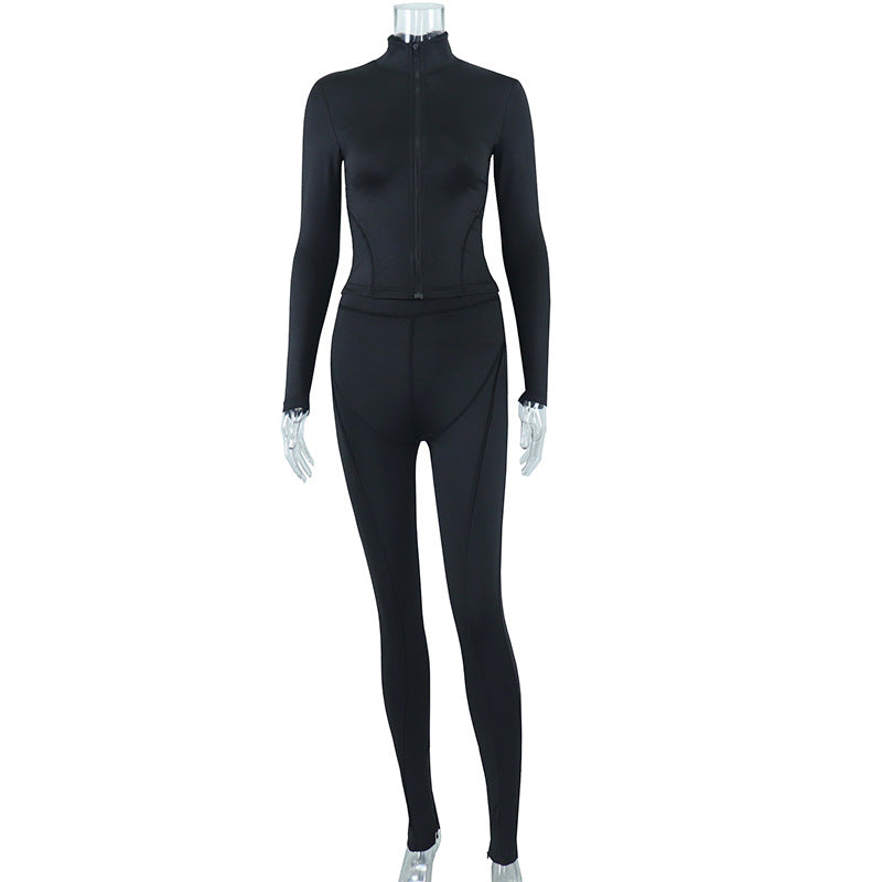 European and american cross-border  autumn new solid color zip-up stand collar long sleeve casual jacket fitness yoga outfit pants set