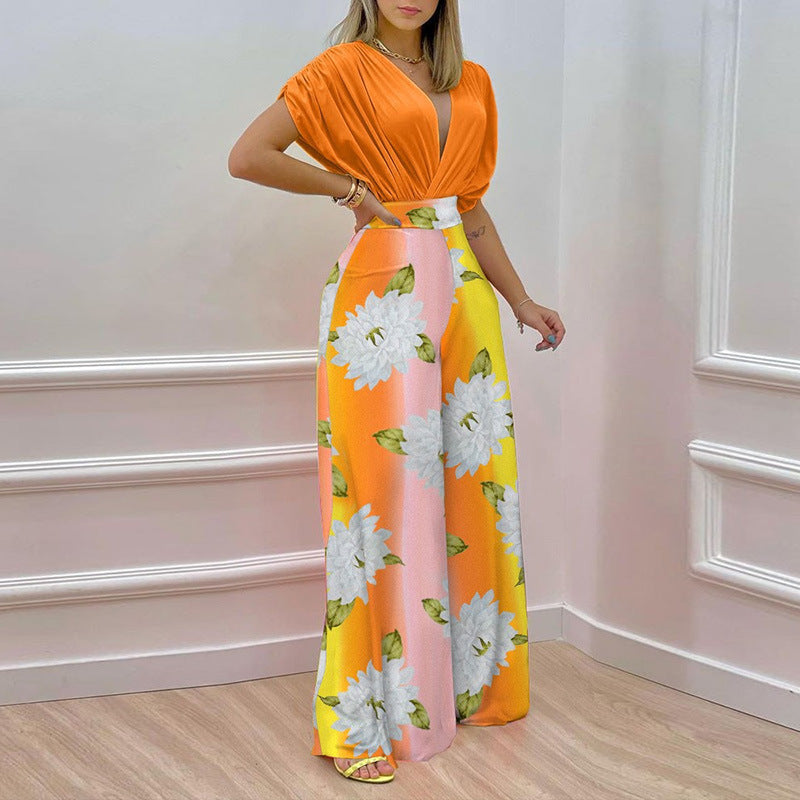 summer new women's clothing: cross-border european and american hot seller - printed batwing sleeve short-sleeve top, versatile and stylish set