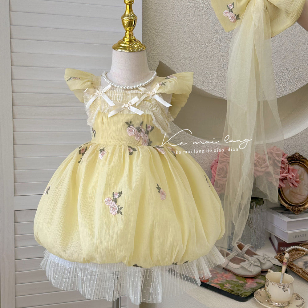 summer new girls' floral embroidered tulip bow casual princess dress - in stock