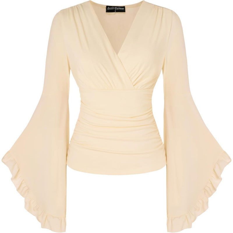 Amazon fashion pure desire v neck bell sleeve shirt  spring new style wrapped casual ruffle tops