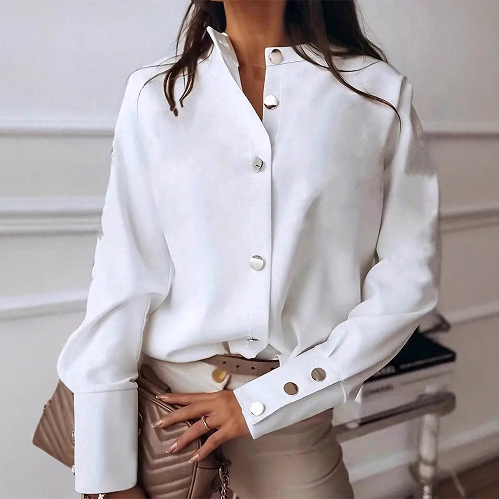 fashion women's clothing  autumn  solid color stand collar long sleeve shirt casual top