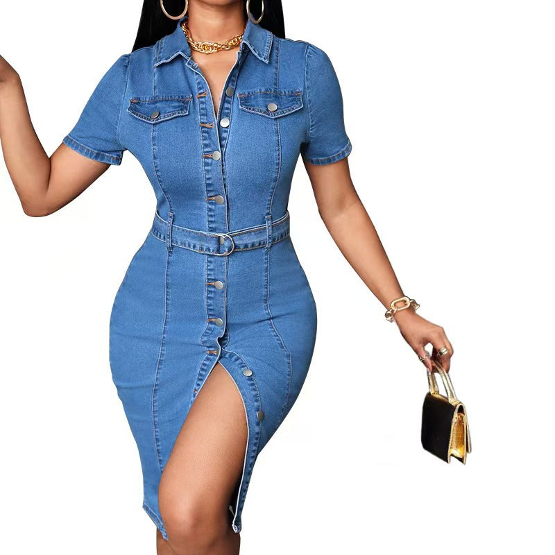 Fashion cross-border export  denim lapel short-sleeved skirt waist bag hip fashion denim dress for women