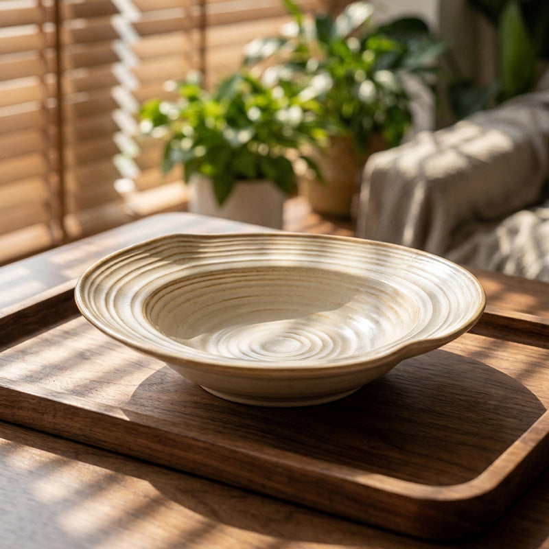 Spiral pattern rustic ceramic soup plate, vintage high-end ceramic salad plate, home restaurant food presentation deep dish pasta plate