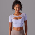Classic solid color mesh panel sexy double-layer short sleeve cami bra top - running, fitness, and yoga activewear for women