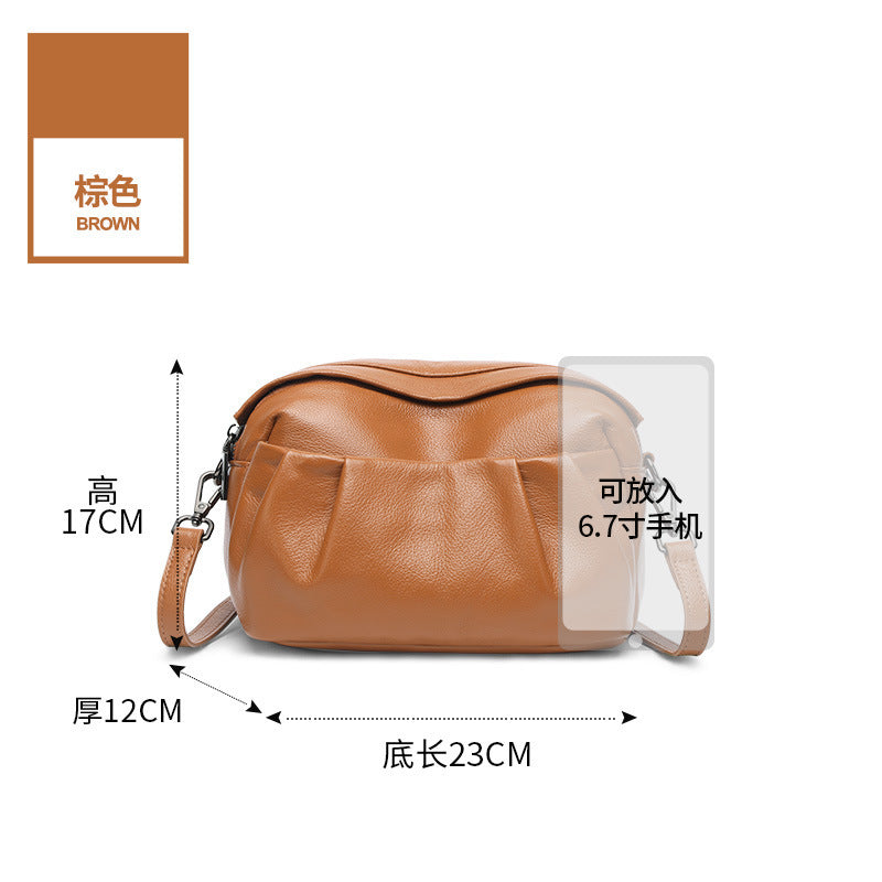 Casual leather women's bag 2025 new fashion foreign style pleated design shoulder bag women's cowhide mother messenger bag