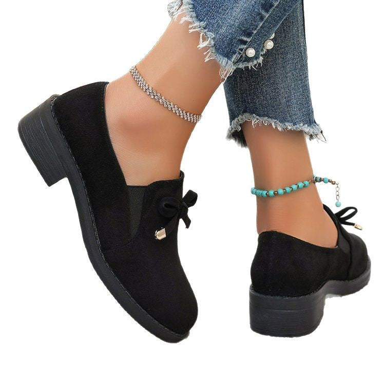 spring new plus size suede shoes, british style chunky heel, foreign trade bowknot slip-on loafers, wholesale