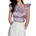 Amazon european style satin elegant solid color asymmetrical button-up top - women's summer flutter sleeve blouse