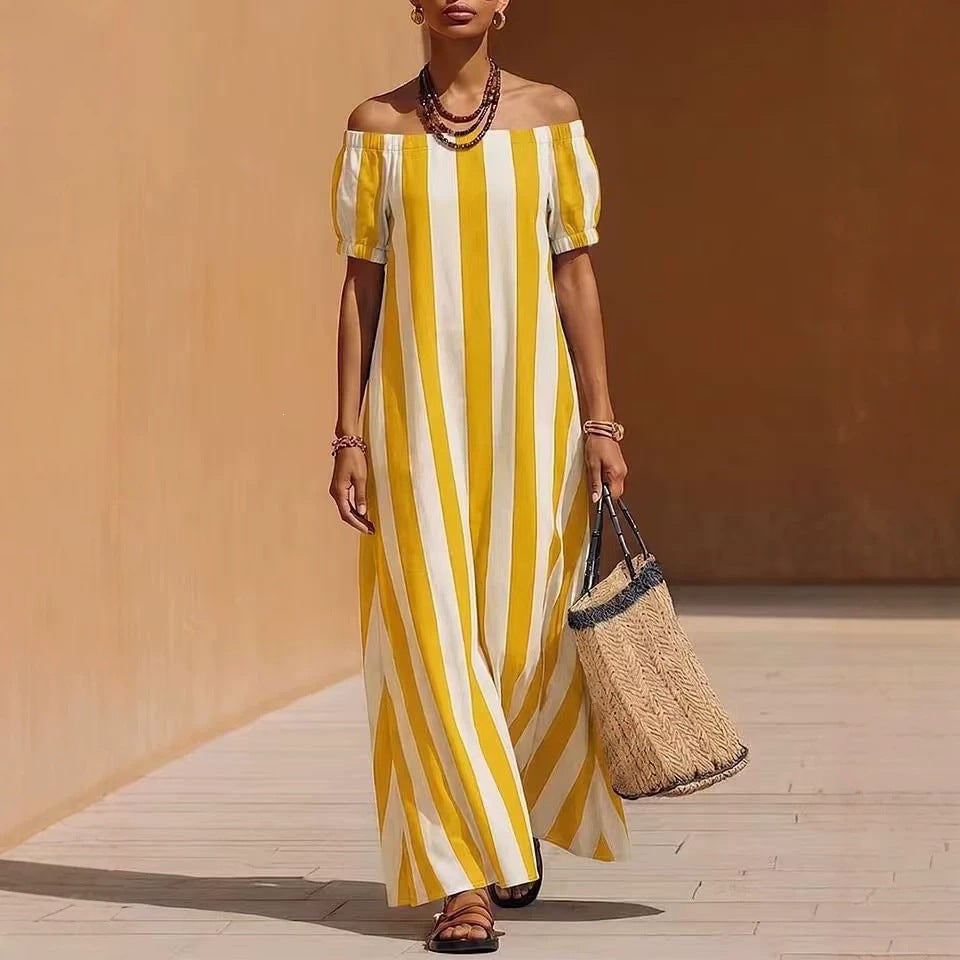 European and american independent station cross-border fashion loose one shoulder long stripesprinting summer best selling short sleeve women's dress