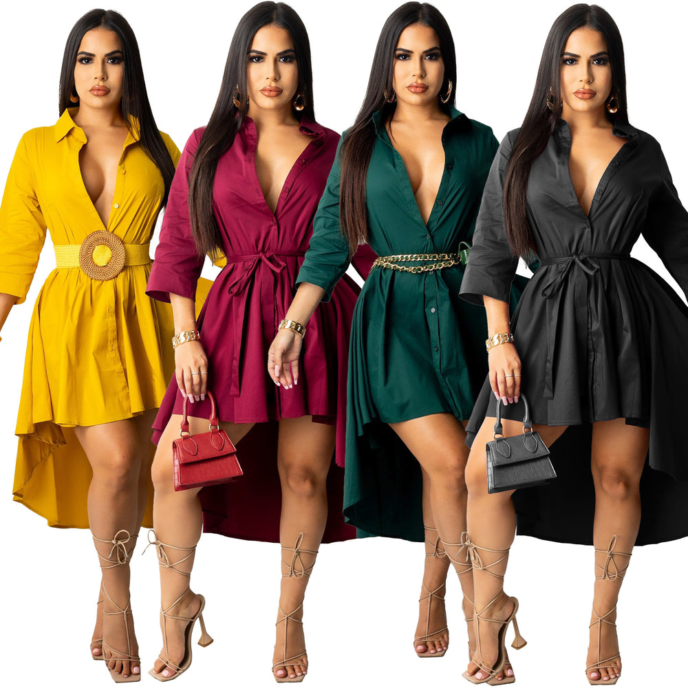 Bestselling cross-border e-commerce autumn/winter new arrivals: european and american style irregular hem longline shirt dress - direct from the factory