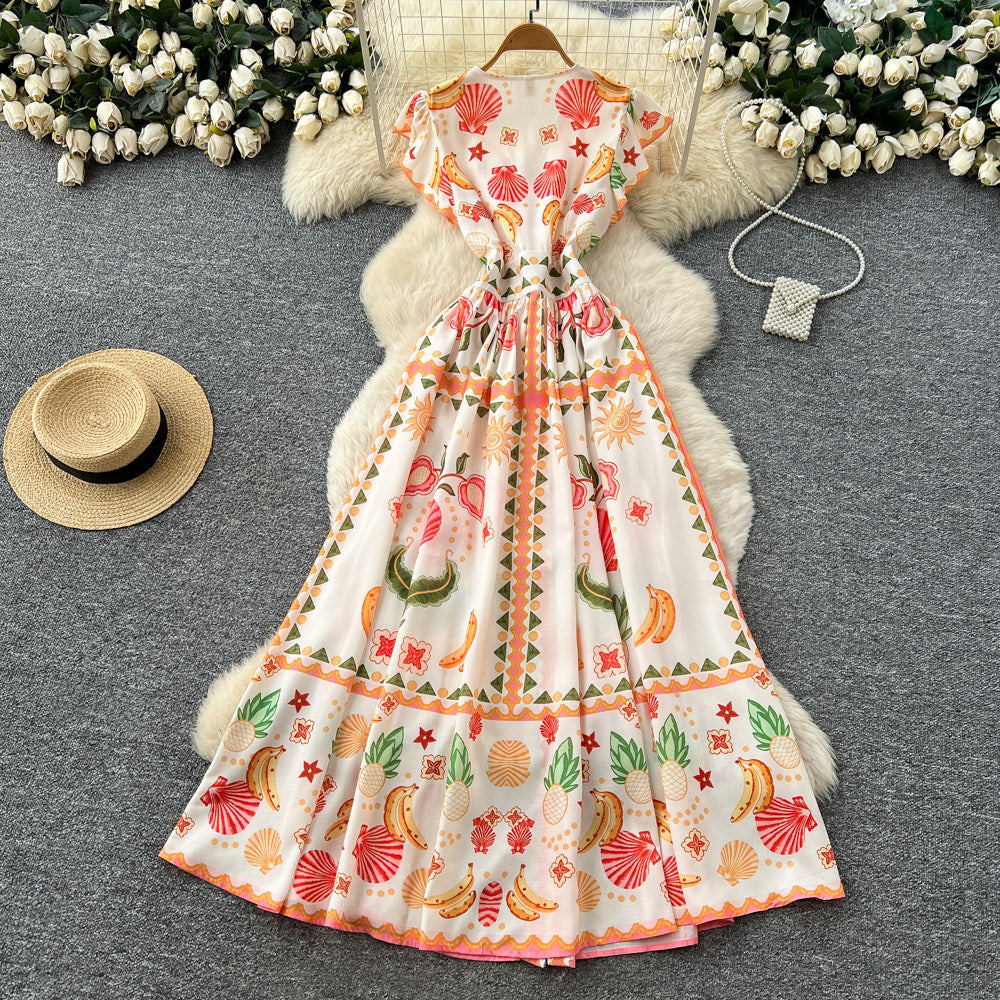 French riviera style v-neck printed flutter sleeve dress - women's spring/summer a-line maxi dress - elegant work-ready dress