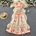 French riviera style v-neck printed flutter sleeve dress - women's spring/summer a-line maxi dress - elegant work-ready dress