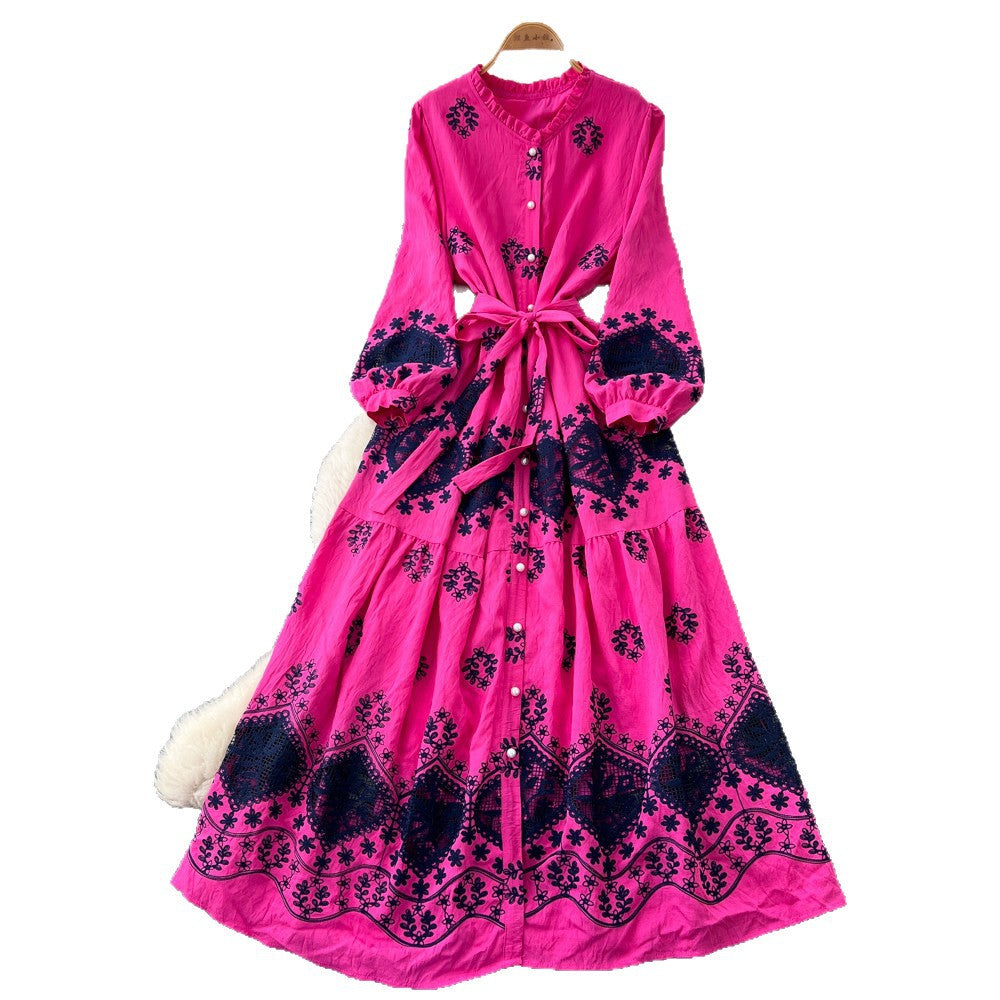 Lightly mature elegance style lantern sleeve printingdress women's springlong sleeves waist tie backa-line mid-length skirt holiday style