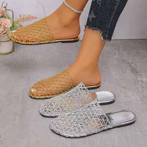large size hollow woven toe sandals women's fishnet flat bottom mule slippers european and american style outwear half slippers wholesale