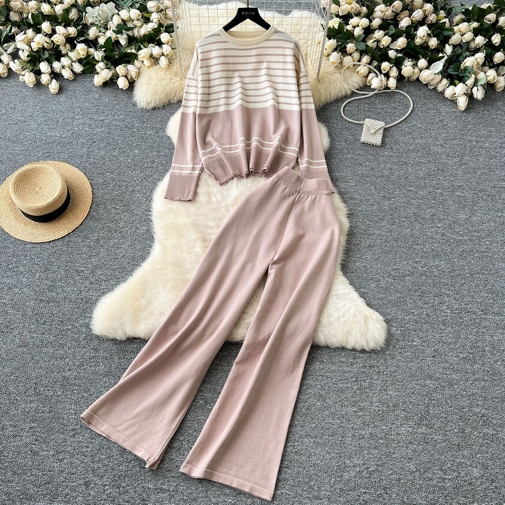 Plus-size slimming two-piece set: age-defying, versatile crew neck color block striped knit top with high-waisted wide-leg pants