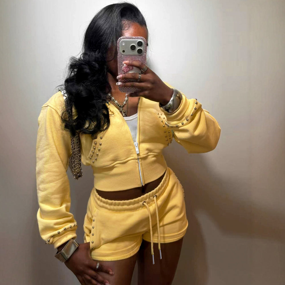S391631 cross-border women's clothing rivet sportswear suit yellow zipper sweatshirt jacket drawstring shorts two-piece set