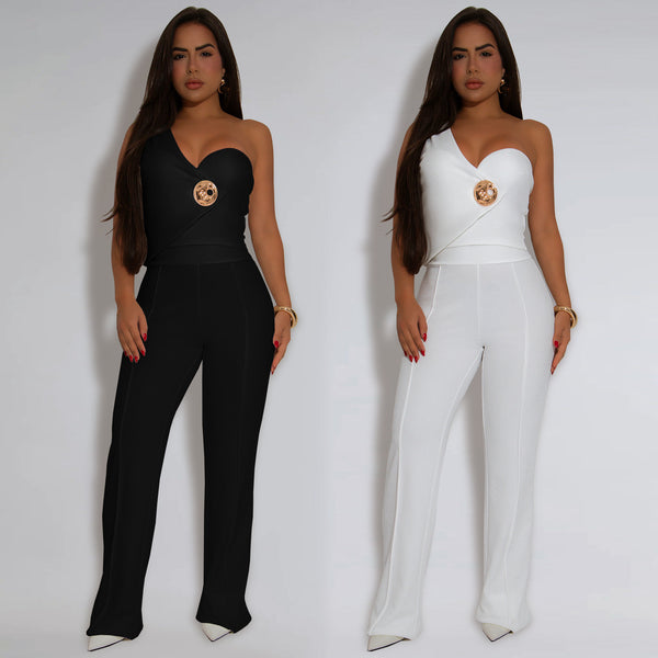 C7418 Cross-border   European and American fashion women's clothing temperament slim sleeveless top trousers two-piece set