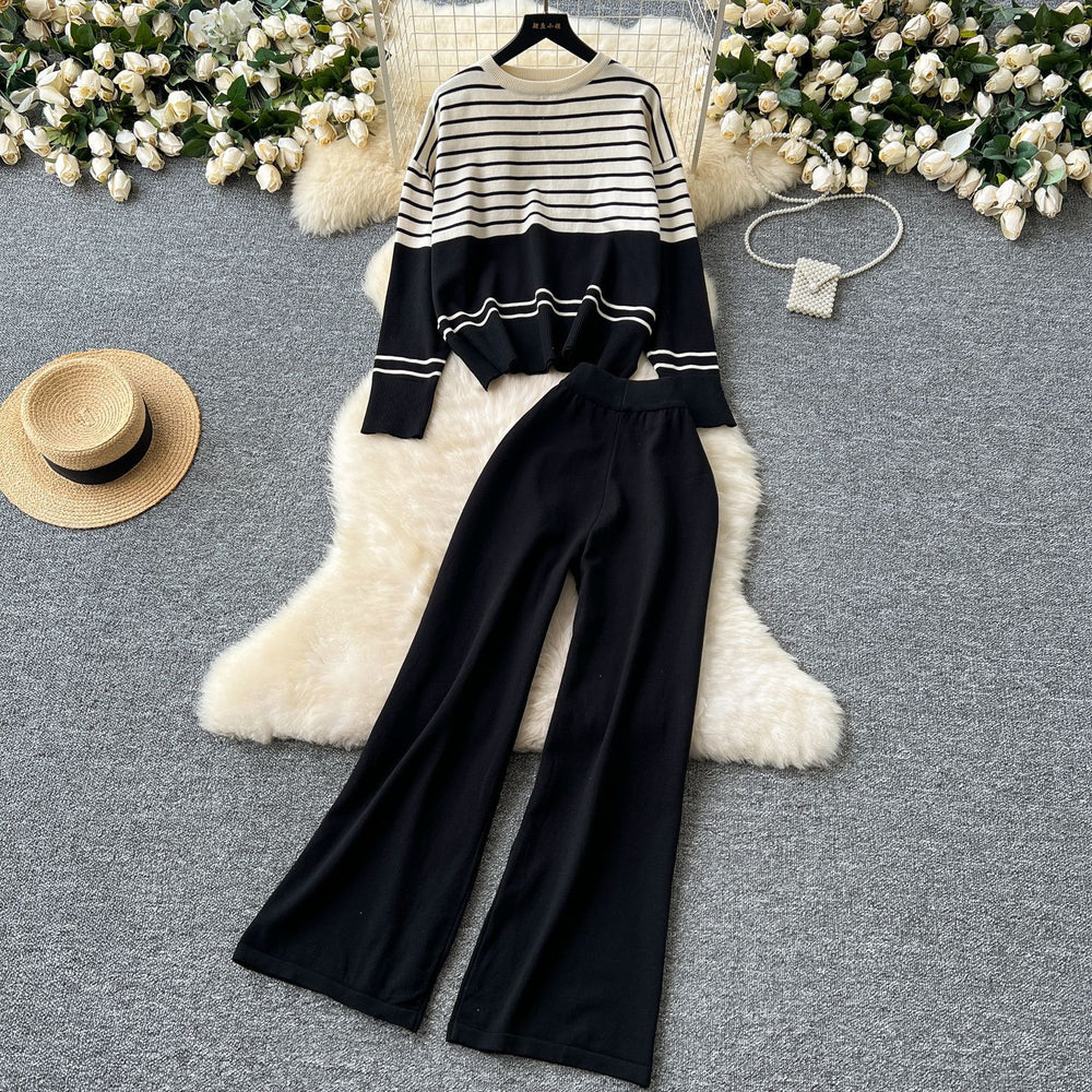 Plus-size slimming two-piece set: age-defying, versatile crew neck color block striped knit top with high-waisted wide-leg pants